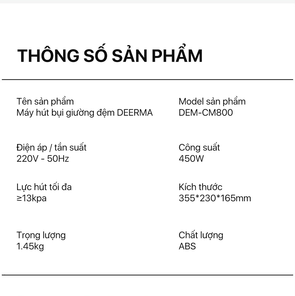 Bảng thông số chính thức của Deerma CM800