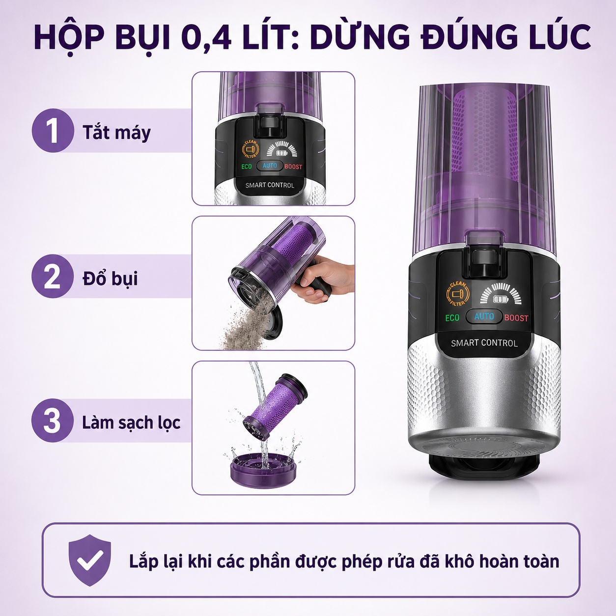 Quy trình đổ hộp bụi và làm sạch lọc Tefal TY2039WO