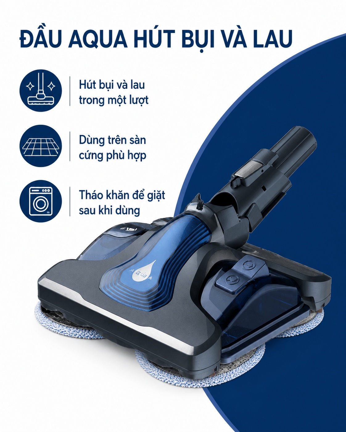 Đầu Aqua của Tefal TY9890WO dùng để hút bụi và lau sàn cứng phù hợp