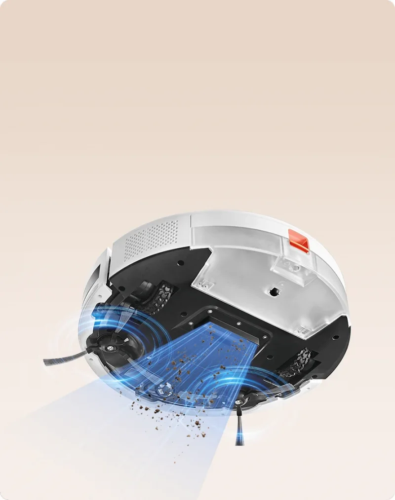 Mặt dưới Xiaomi Robot Vacuum E5 với hai chổi bên và cửa hút